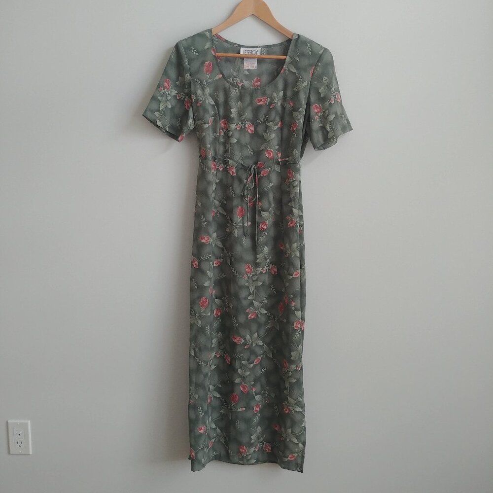 Vintage made in Canada long sage green fitted midi dress rose pattern size 8